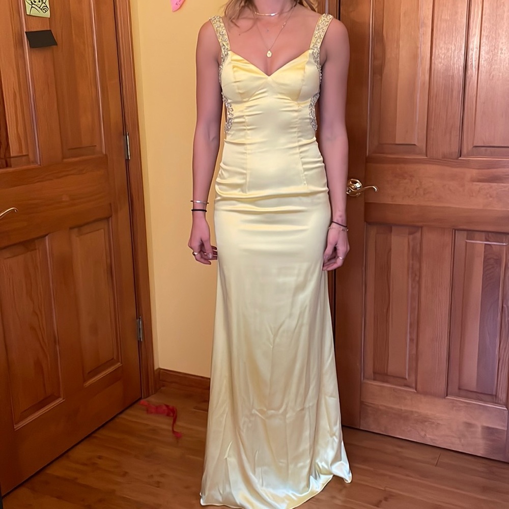 Bead embellished yellow prom dress